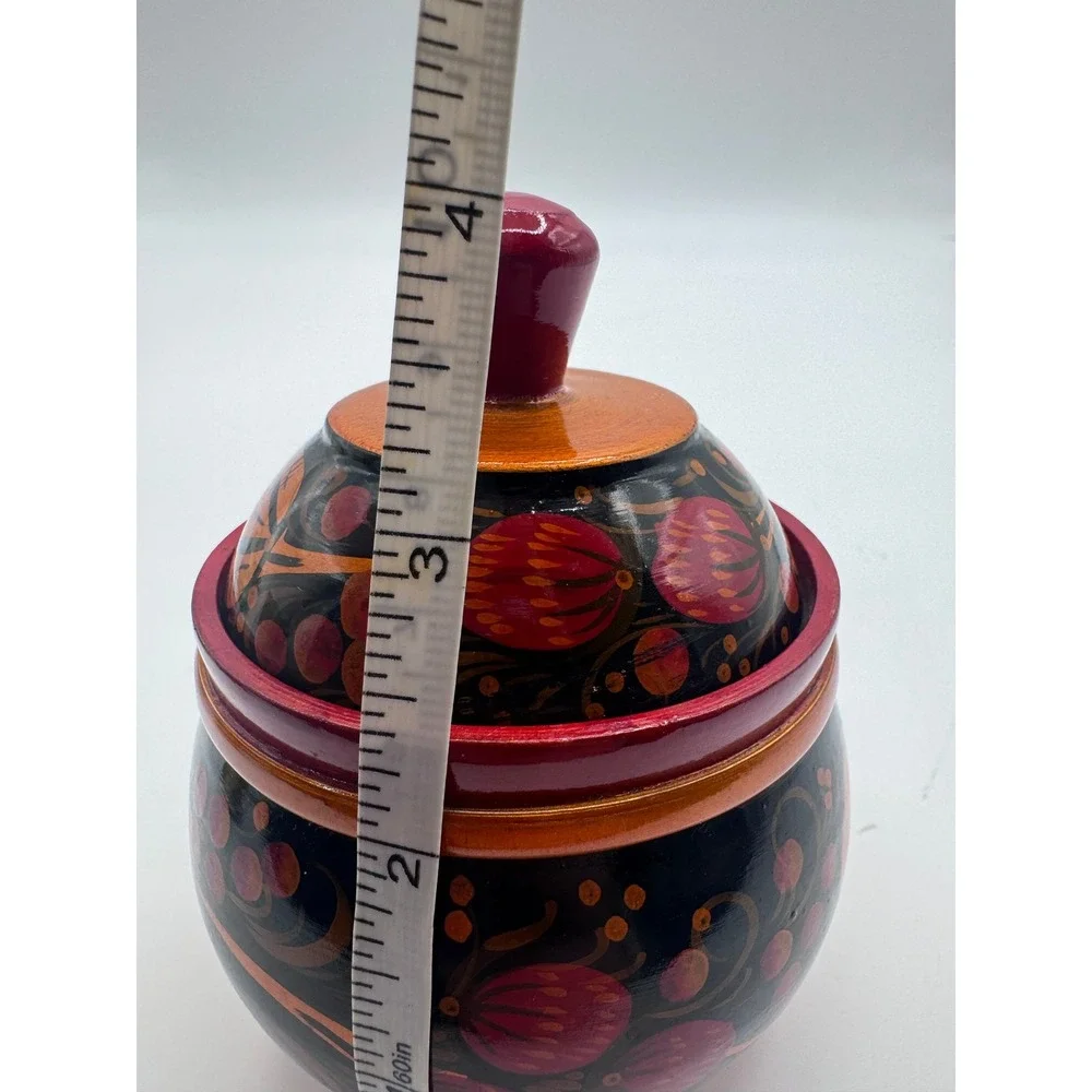Vintage Russian Khokhloma Painted Lidded Bowl with Spoons Floral Folk Art‎ Set